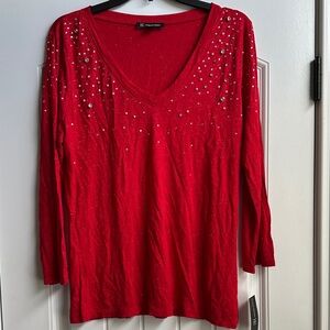 INC International Concepts Red Long Sleeve Top with Embellishments